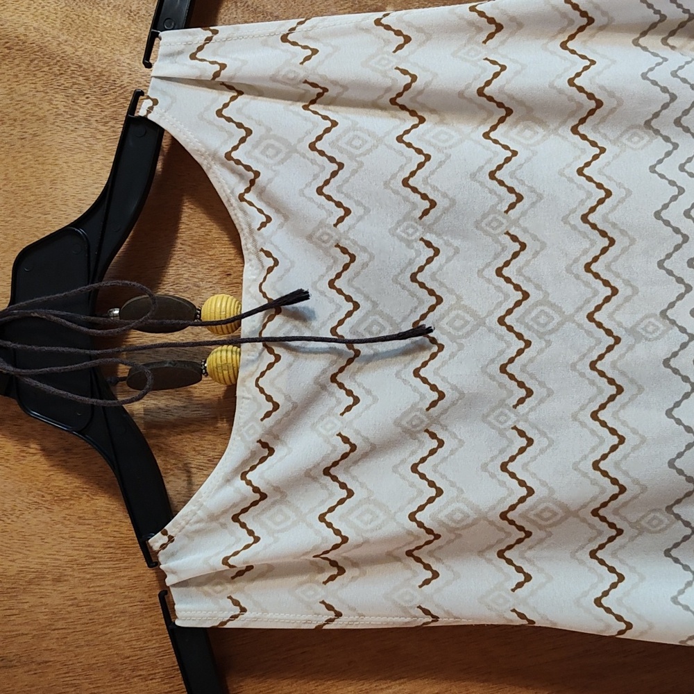 Cato Cowl Neck Tank Halter Tie-Neck Cream Orange Brown Beaded Ikat Chevron Med - Picture 9 of 12